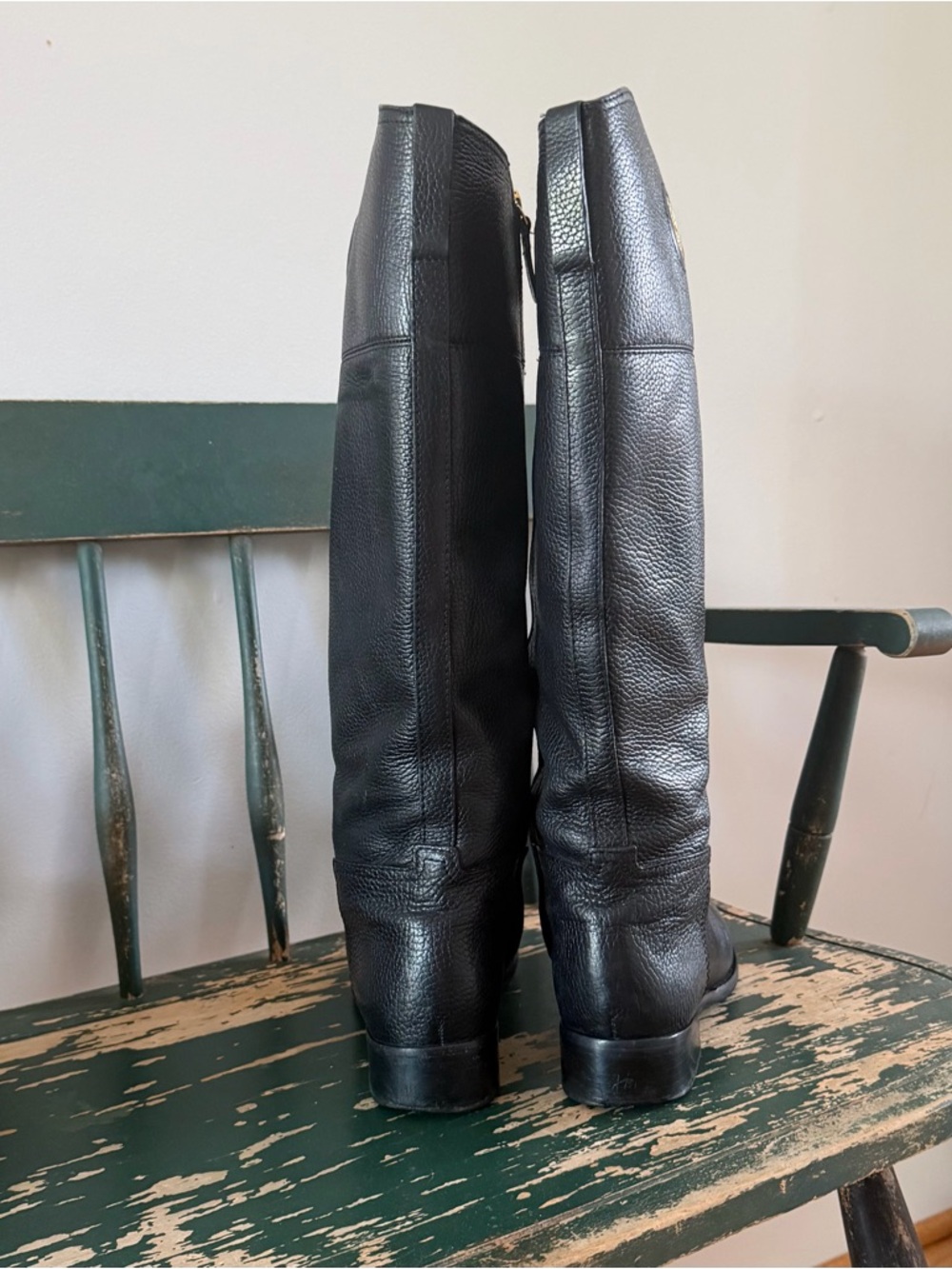 Tory Burch Black Tumbled Leather Pull On Junction Equestrian Riding Boots Gold 8 - Picture 9 of 16